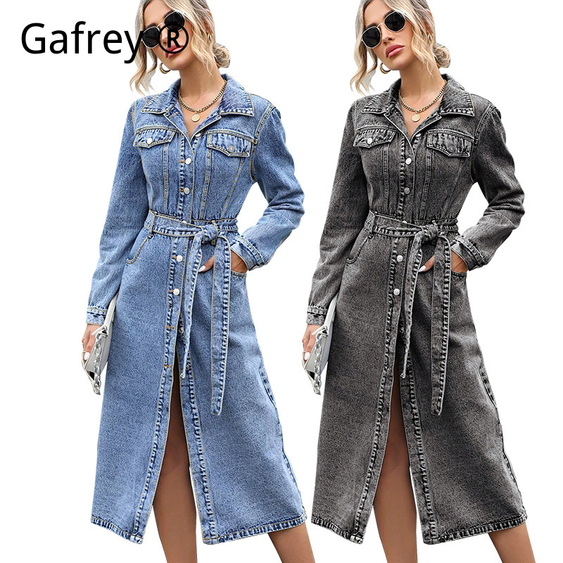 Midi Dress - Damen Langarm Jeanskleid Herbst Winter Tailliertes