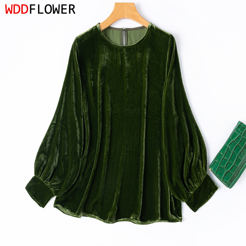 Silk Blouse - Damen-Seidenbluse aus Samt, 100% Maulbeerseide, dunkelgrünes