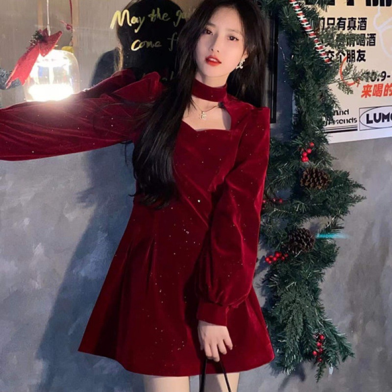 Women'S Red Formal Wear - Feine funkelnde Samt Kleid Frauen Herbst